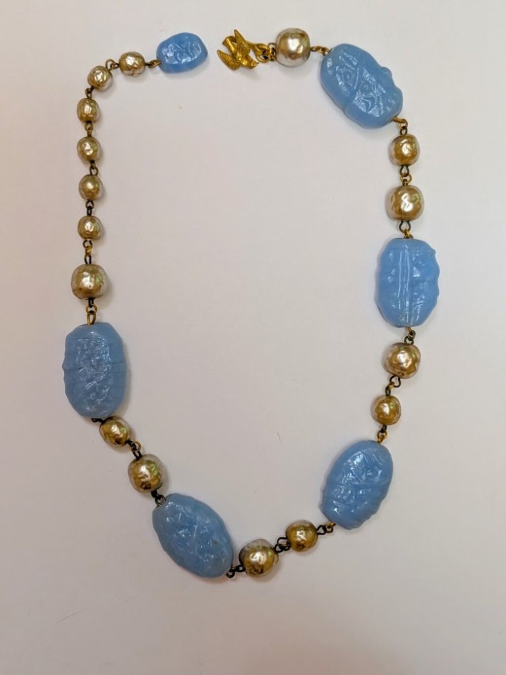 Vintage Miriam Haskell Blue Glass Baroque Pearl Necklace Bird Clasp - Picture 2 of 9